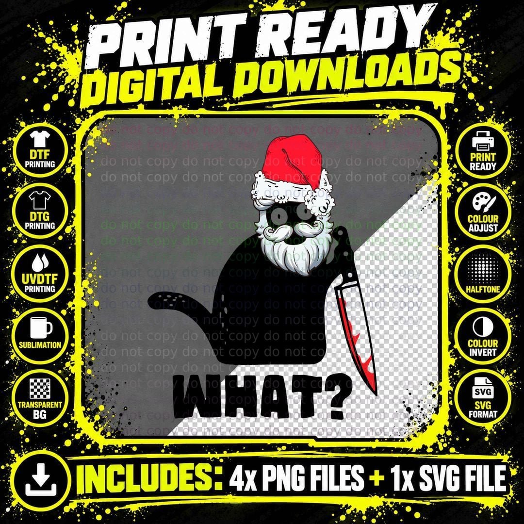 Santa Cat with Knife T-Shirt, Funny Sarcasm Png SVG Digital Bundle