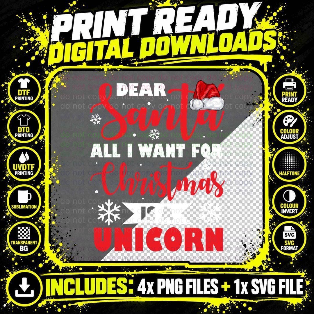 Santa Christmas Unicorn T-Shirt, Holiday Fantasy Png SVG Digital Bundle