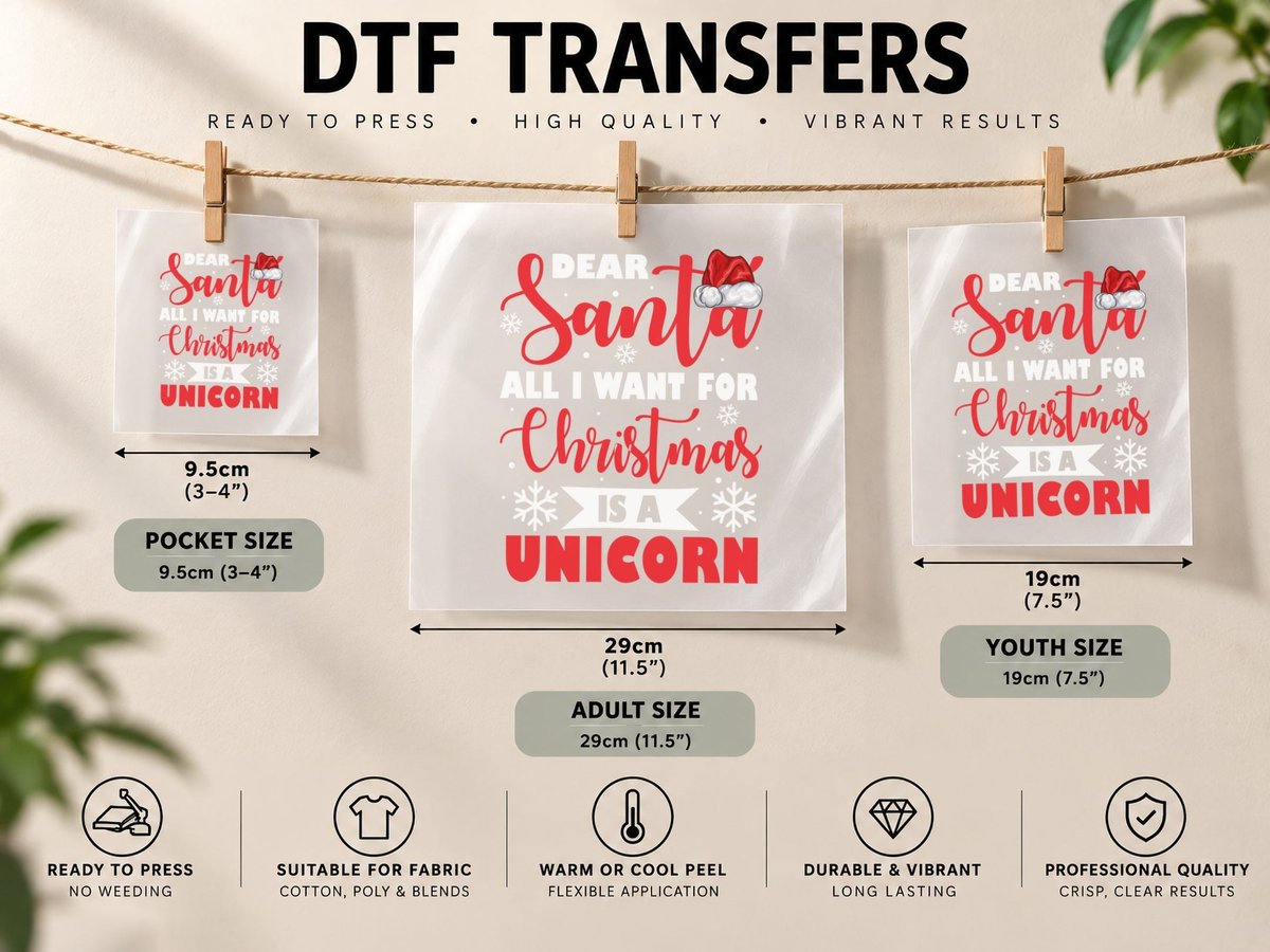 Santa Christmas Unicorn, Holiday Fantasy, Festive Fashion DTF Transfer Iron On