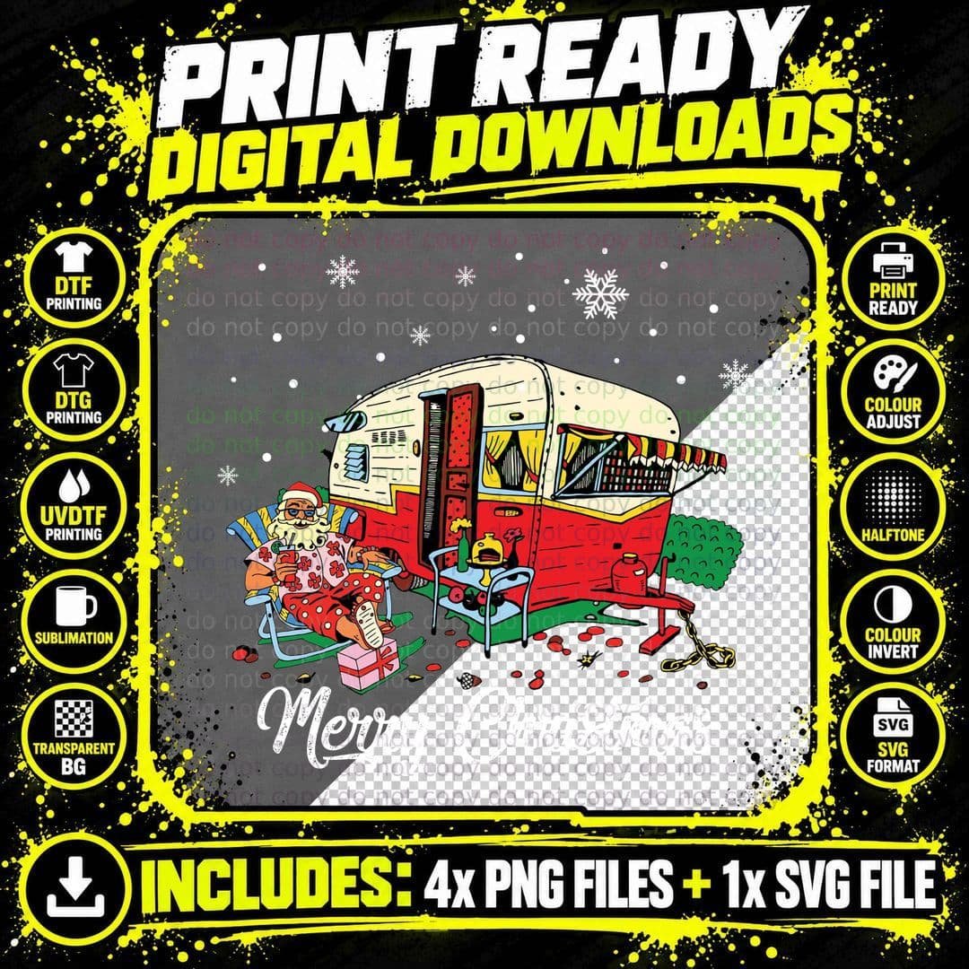 Santa Claus Camping T-Shirt, Holiday Retro Style Png SVG Digital Bundle