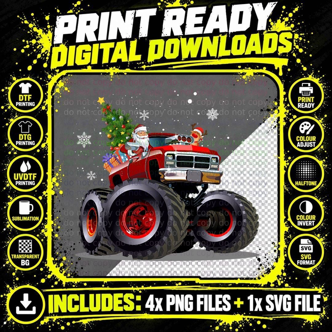 Santa Claus Monster Truck T-Shirt, Christmas Holiday Png SVG Digital Bundle