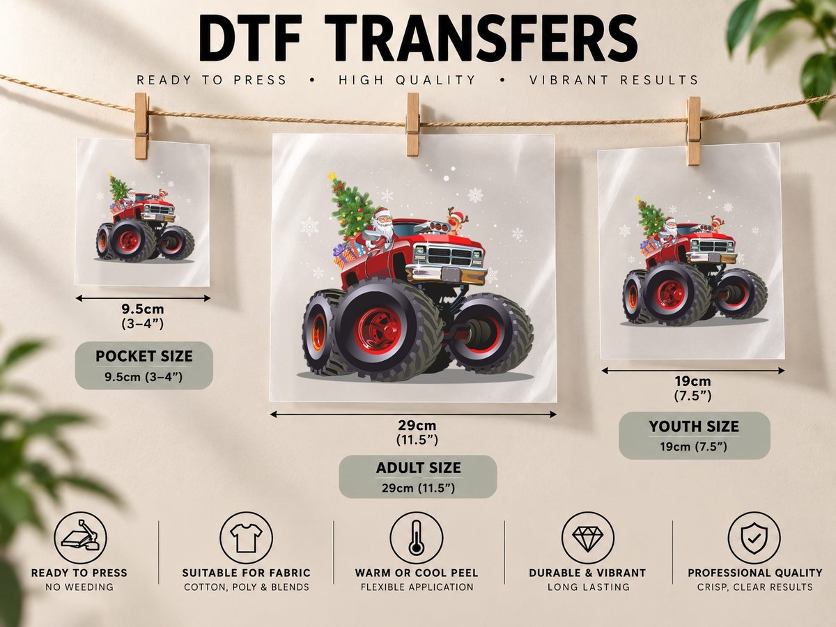 Santa Claus Monster Truck, Christmas Holiday DTF Transfer Iron On