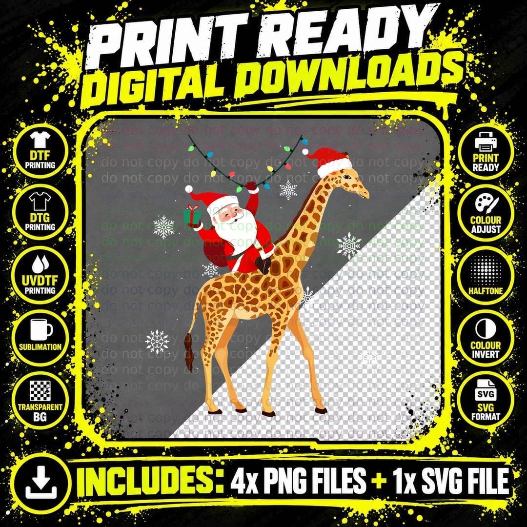 Santa Claus Riding Giraffe T-Shirt Png SVG Digital Bundle