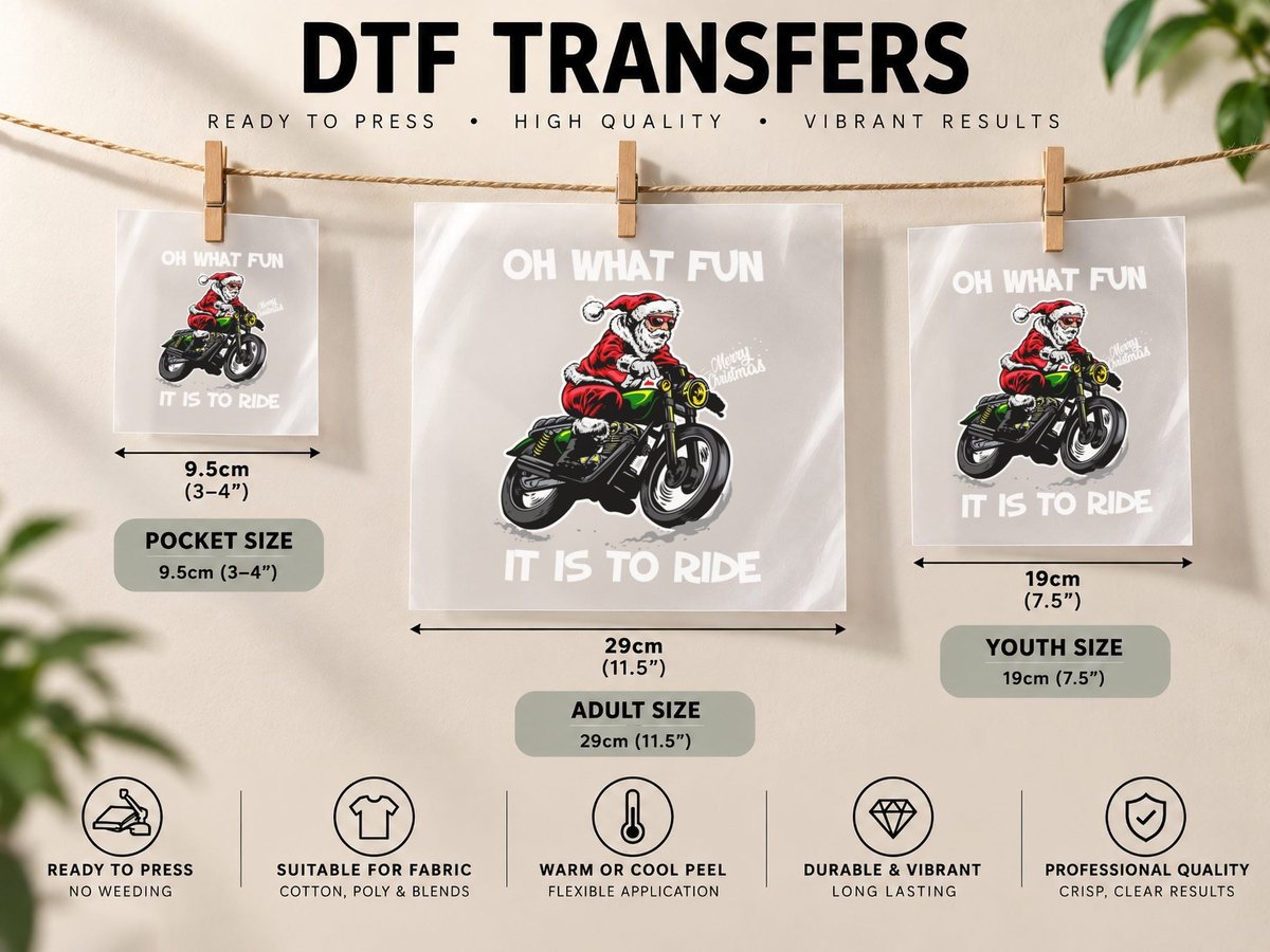 Santa Claus Riding Motorcycle, Christmas Holiday DTF Transfer Iron On