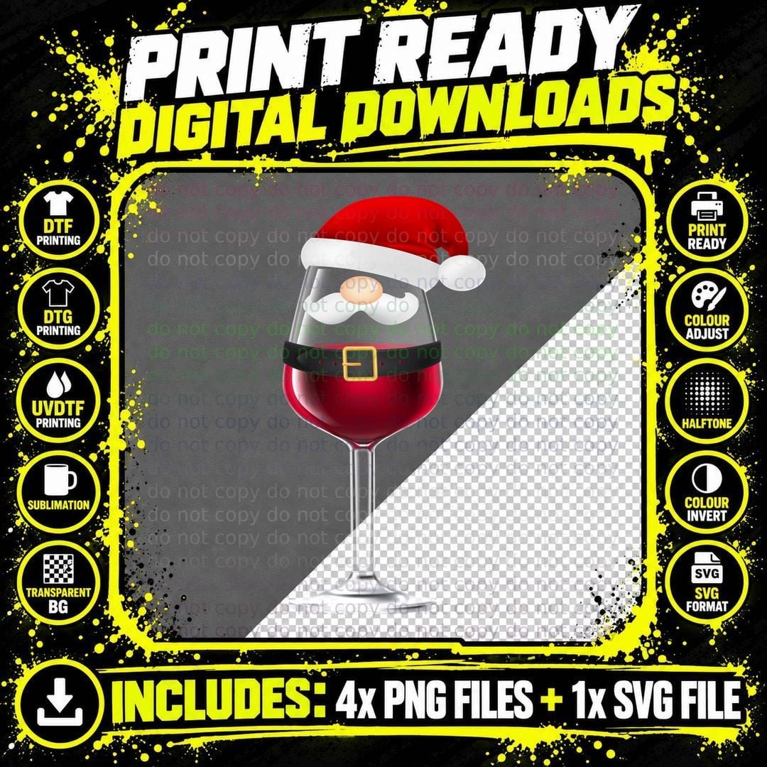 Santa Claus Wine Glass T-Shirt, Christmas Holiday Theme Png SVG Digital Bundle