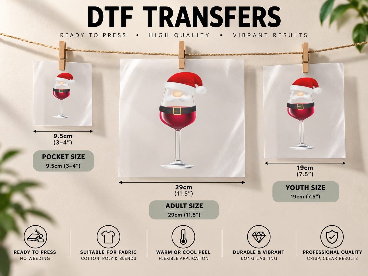 Santa Claus Wine Glass, Christmas Holiday Theme DTF Transfer Iron On