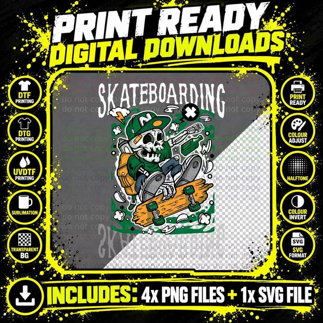 Santa Cruz Skateboarding Skull Skateboard T-Shirt Png SVG Digital Bundle