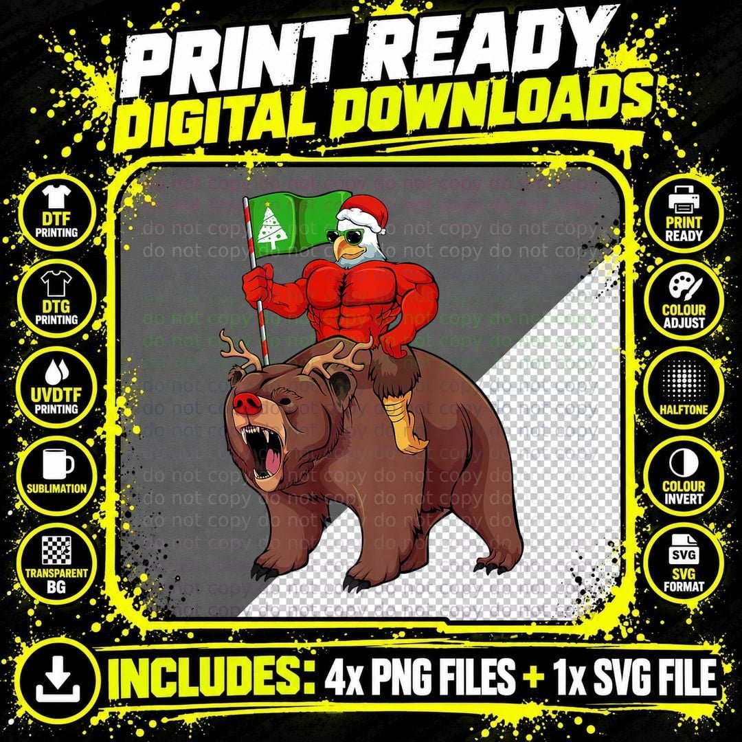 Santa Eagle Riding Bear Reindeer Christmas Pajama Animal Png SVG Digital Bundle
