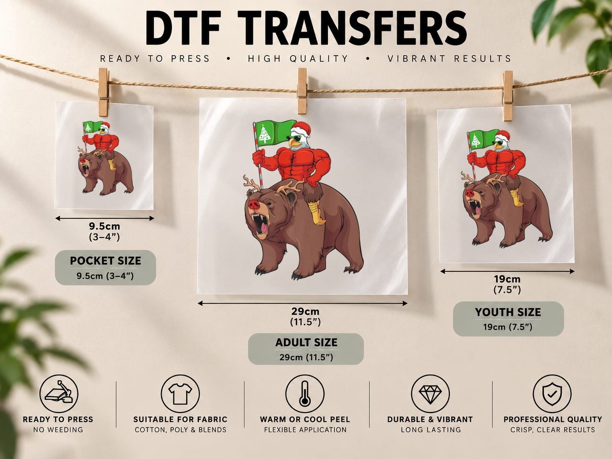 Santa Eagle Riding Bear Reindeer Christmas Pajama Animal DTF Transfer Iron On