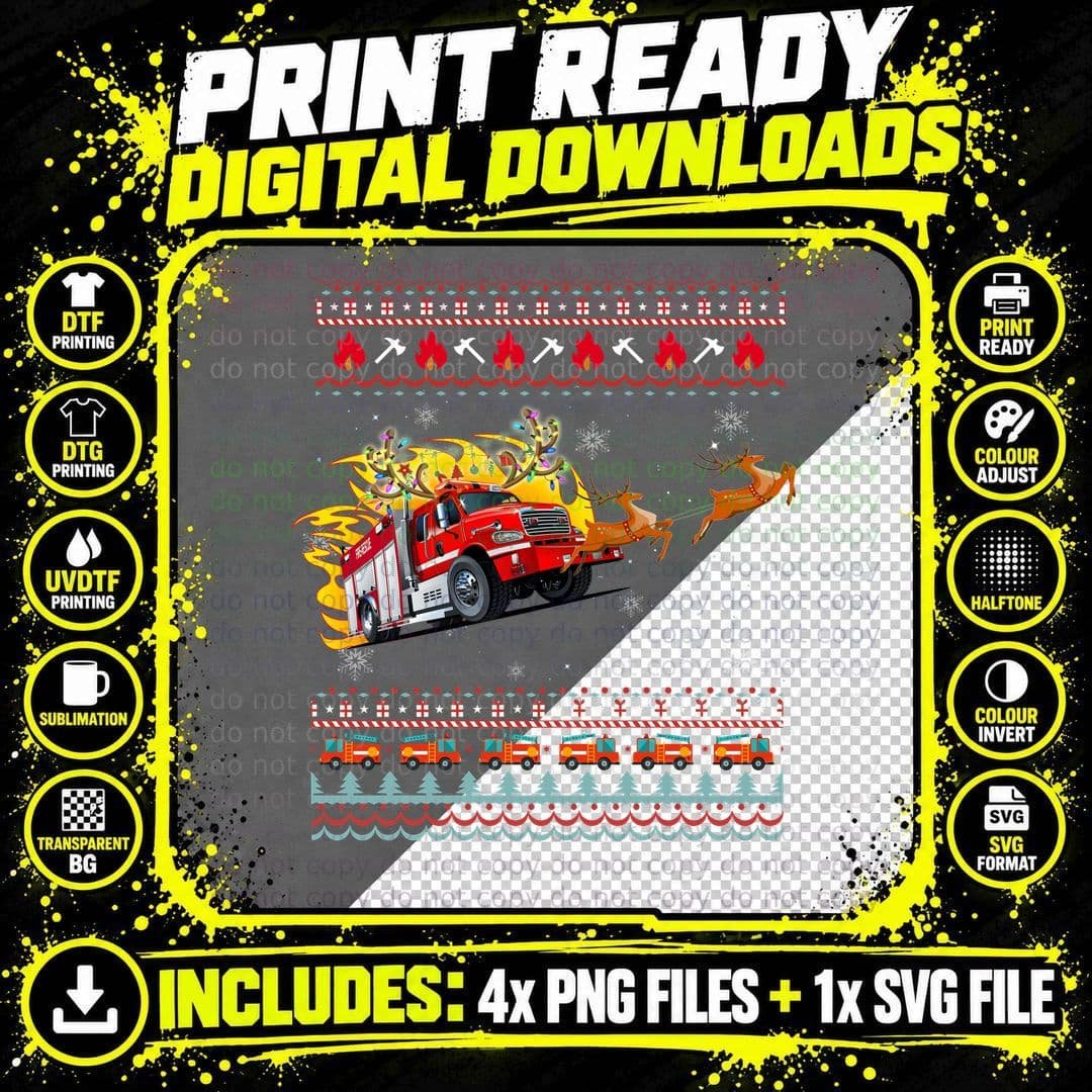 Santa Fire Rescue Truck T-Shirt, Ugly Sweater Style Png SVG Digital Bundle