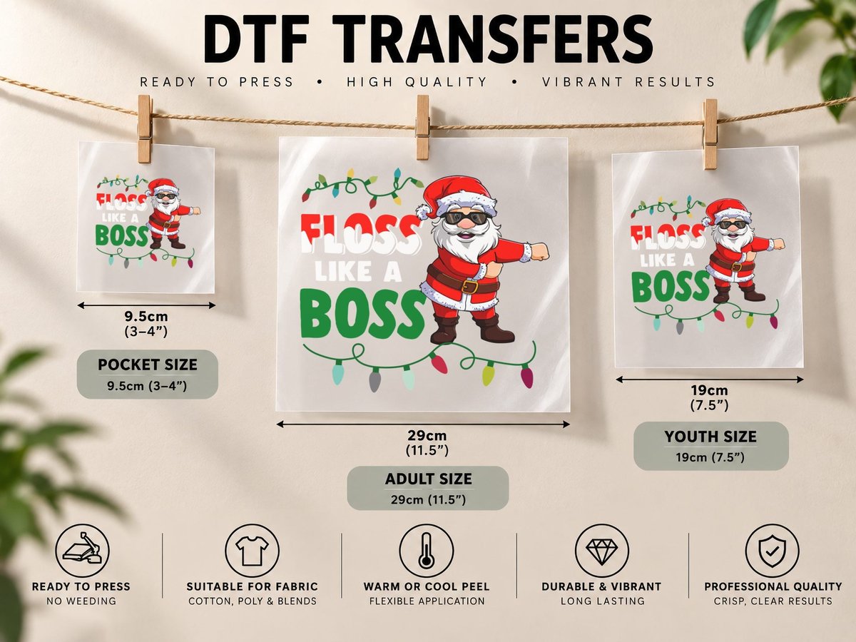 Santa Floss Like a Boss, Christmas Party, Holiday Fun DTF Transfer Iron On