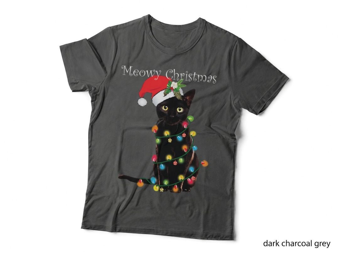 Santa Hat Black Cat Lover Christmas Tree Lights Holiday T-Shirt