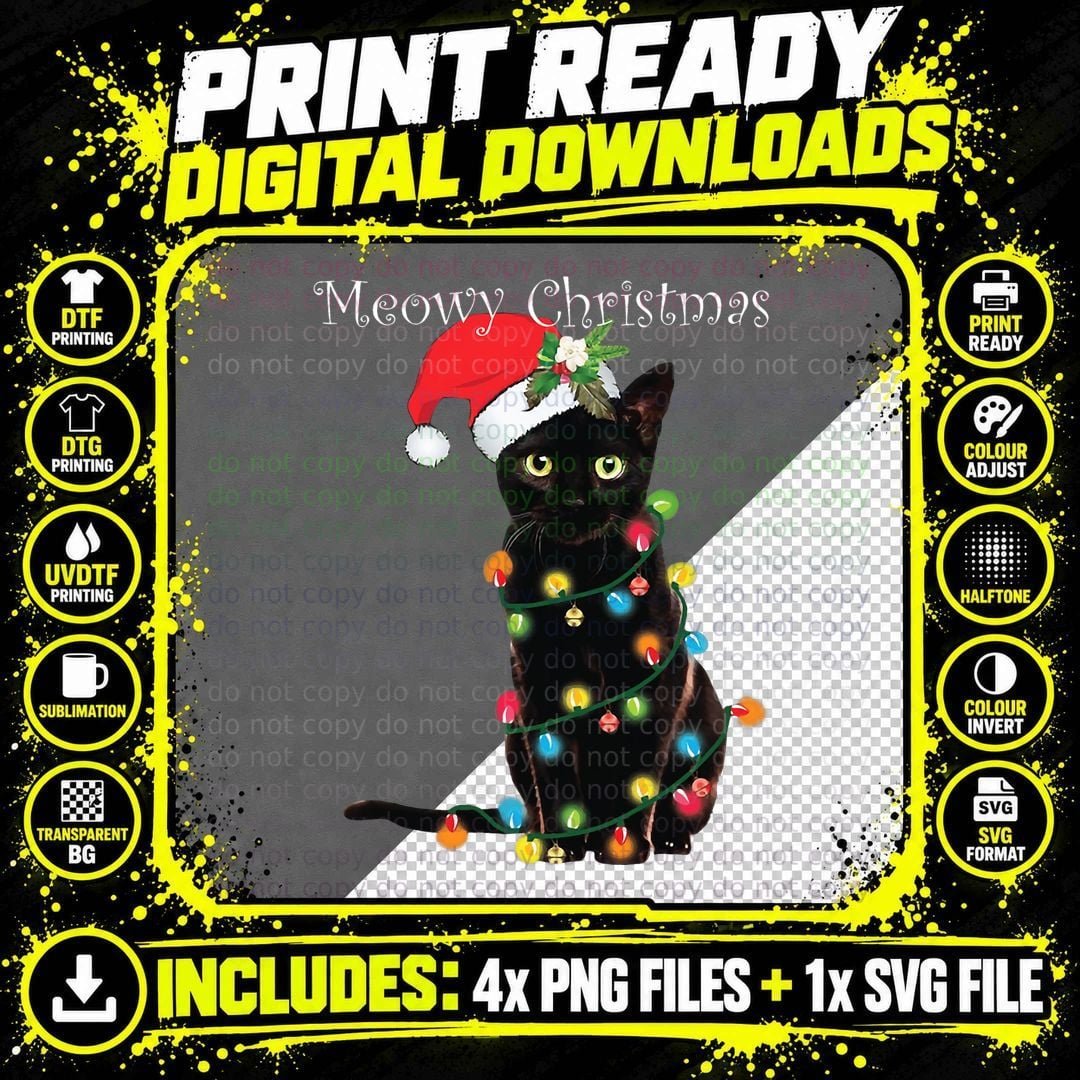 Santa Hat Black Cat Lover Christmas Tree Lights Holiday Png SVG Digital Bundle