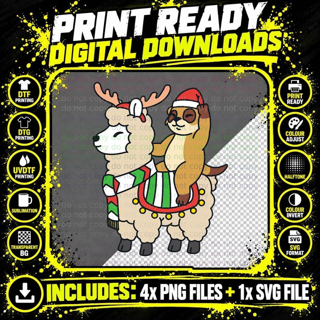 Santa Llama Meerkat Riding Reindeer Alpaca Christmas Png SVG Digital Bundle
