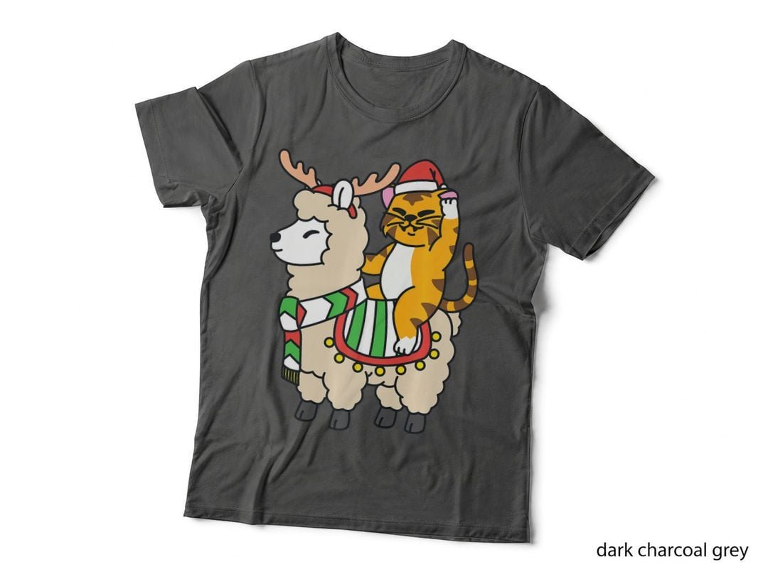 Santa Llama Tiger Riding Reindeer Alpaca Christmas T-Shirt