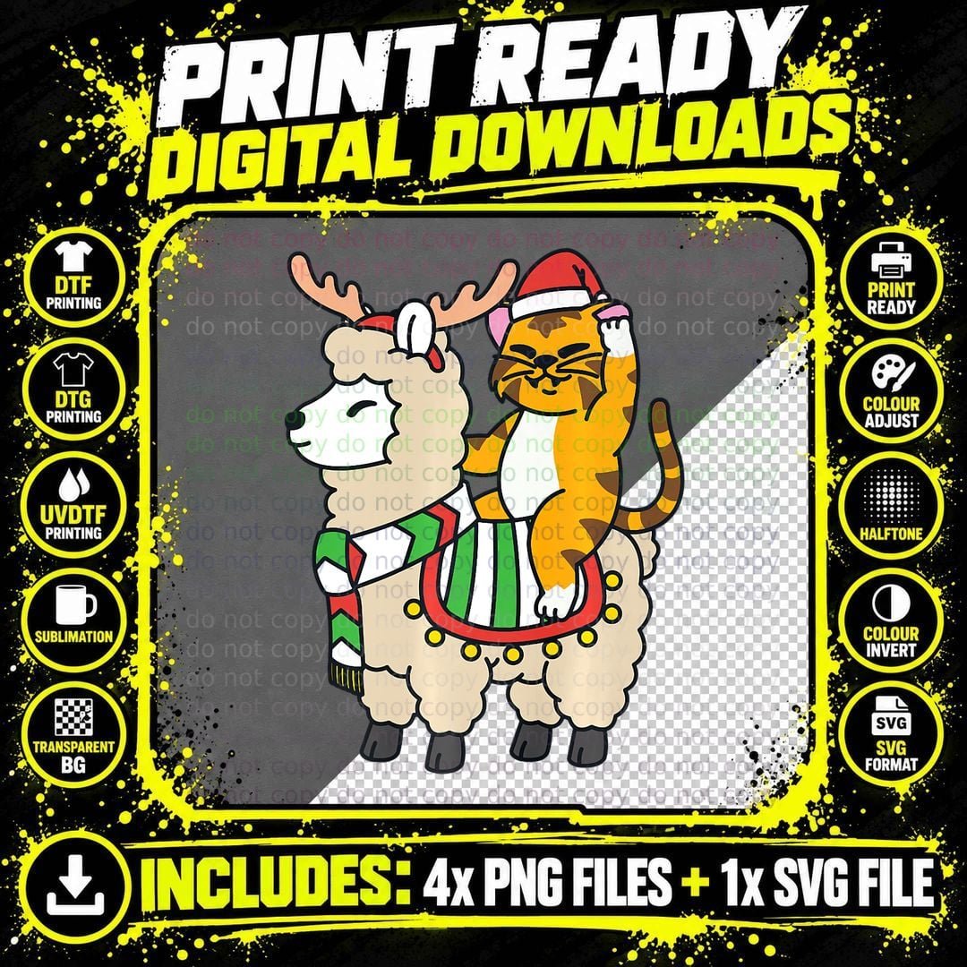 Santa Llama Tiger Riding Reindeer Alpaca Christmas Png SVG Digital Bundle