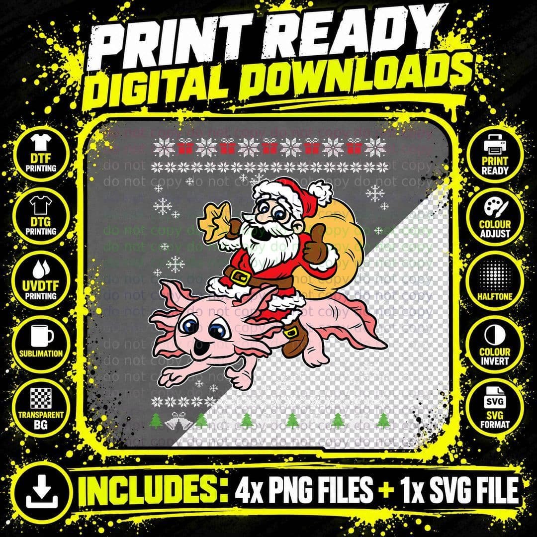 Santa Riding Axoltl Ugly Christmas T-Shirt Png SVG Digital Bundle