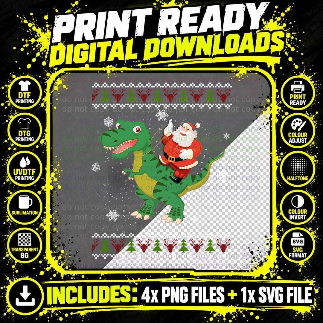 Santa Riding Dinosaur T-Shirt, Christmas Holiday Png SVG Digital Bundle