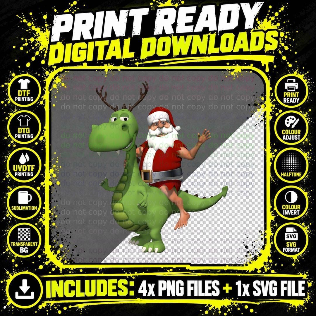 Santa Riding Dragon T-Shirt, Christmas Holiday Fun Png SVG Digital Bundle