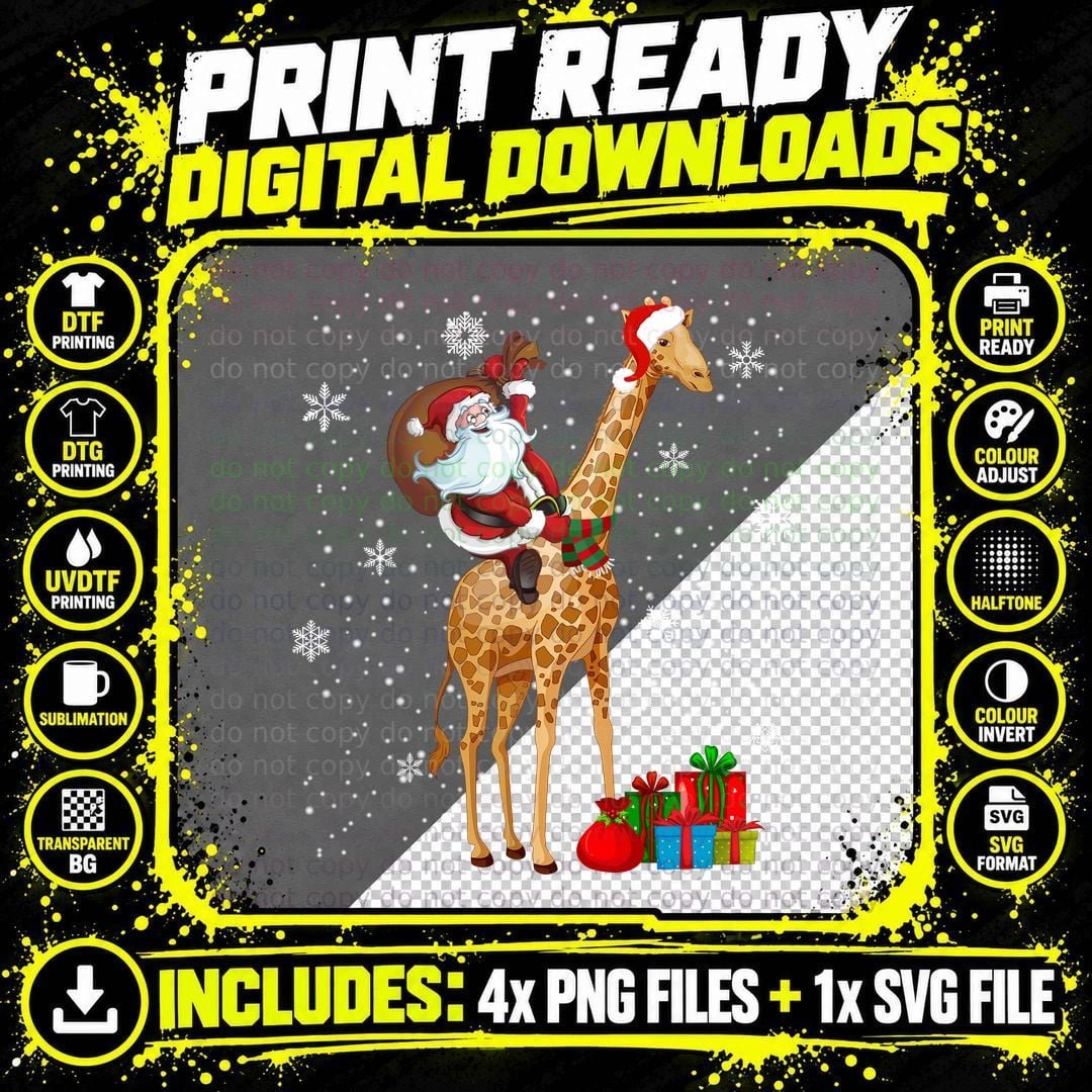 Santa Riding Giraffe T-Shirt, Christmas Holiday Fun Png SVG Digital Bundle