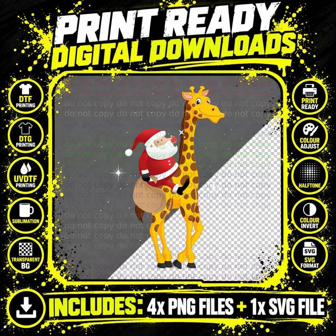 Santa Riding Giraffe T-Shirt, Christmas Holiday Png SVG Digital Bundle