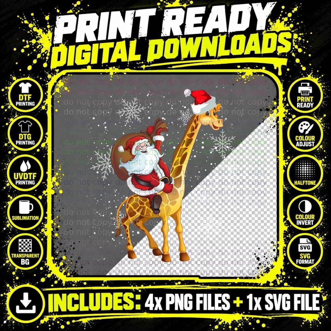 Santa Riding Giraffe T-Shirt, Christmas Holiday Png SVG Digital Bundle