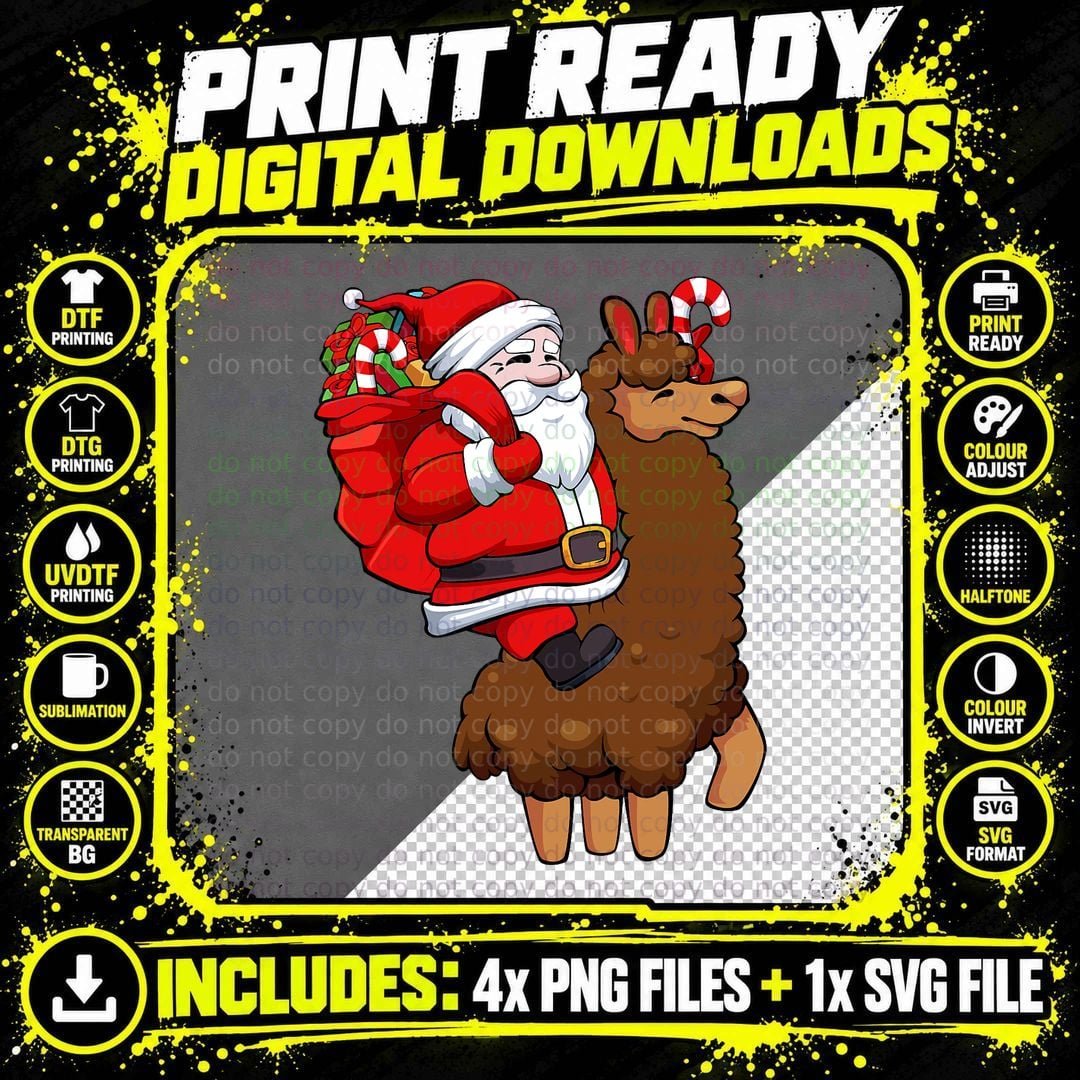 Santa Riding Llama Christmas Pajama T-Shirt Png SVG Digital Bundle