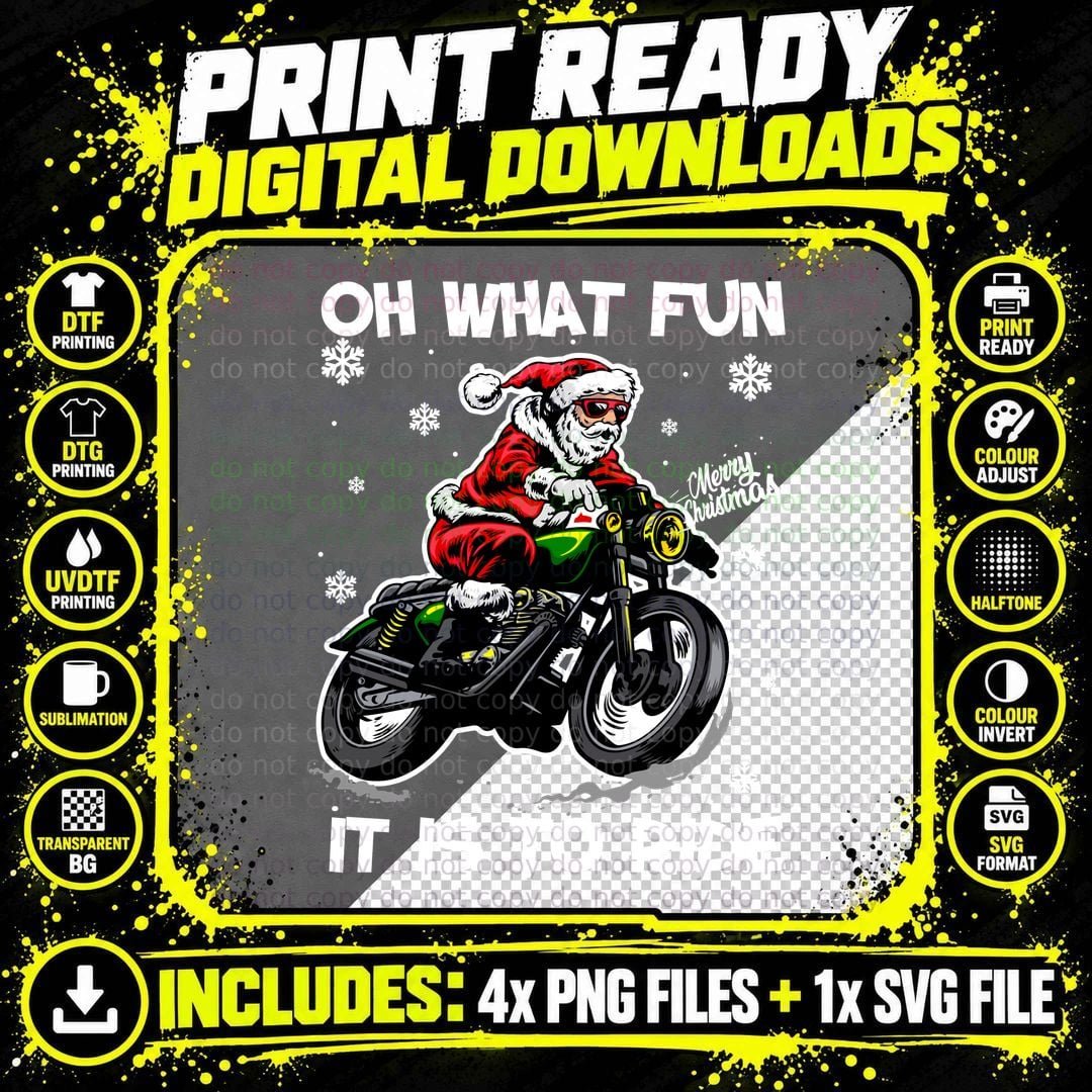 Santa Riding Motorcycle T-Shirt, Christmas Holiday Png SVG Digital Bundle