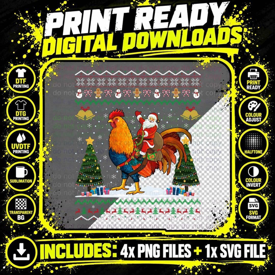 Santa Riding Rooster Ugly Christmas Sweatshirt Png SVG Digital Bundle
