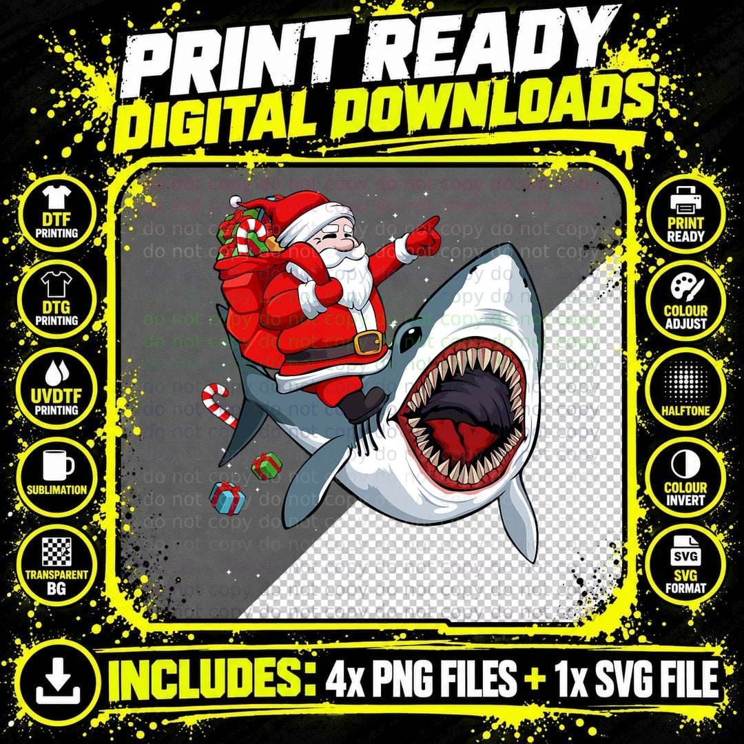 Santa Riding Shark Christmas Pajama T-Shirt Png SVG Digital Bundle