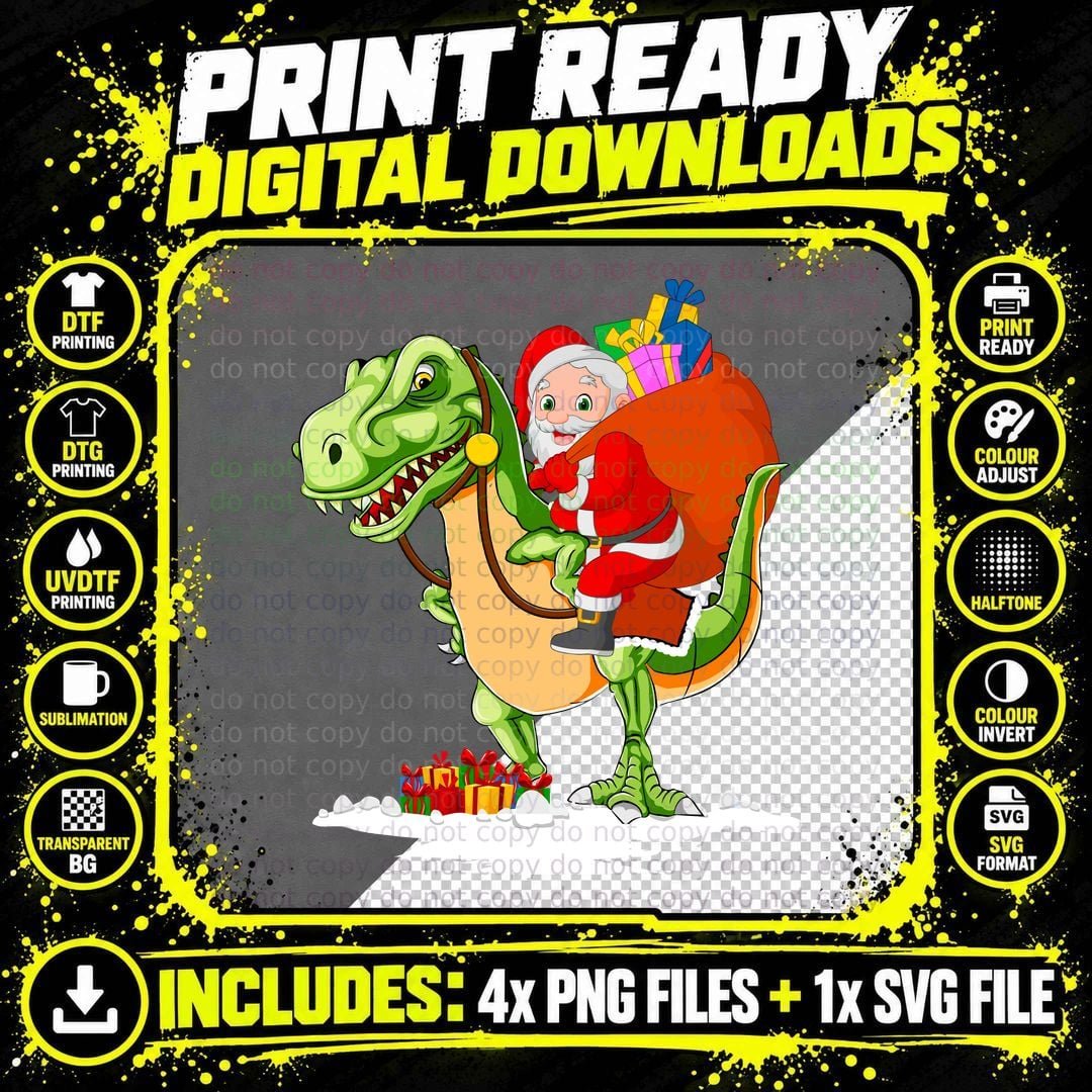 Santa Riding T-Rex T-Shirt, Christmas Holiday Fun Png SVG Digital Bundle
