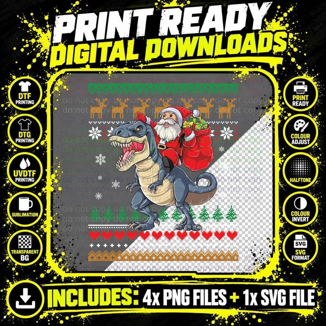 Santa Riding T-Rex T-Shirt, Christmas Holiday Print Png SVG Digital Bundle
