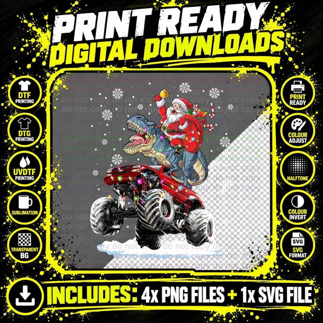 Santa Riding T-Rex on Monster Car T-Shirt Png SVG Digital Bundle