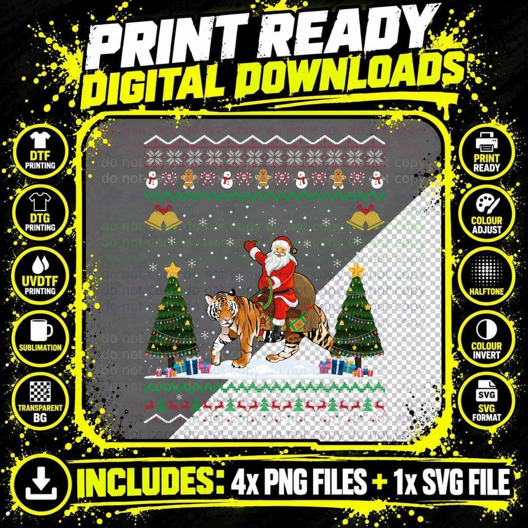 Santa Riding Tiger Ugly Christmas Sweatshirt Png SVG Digital Bundle