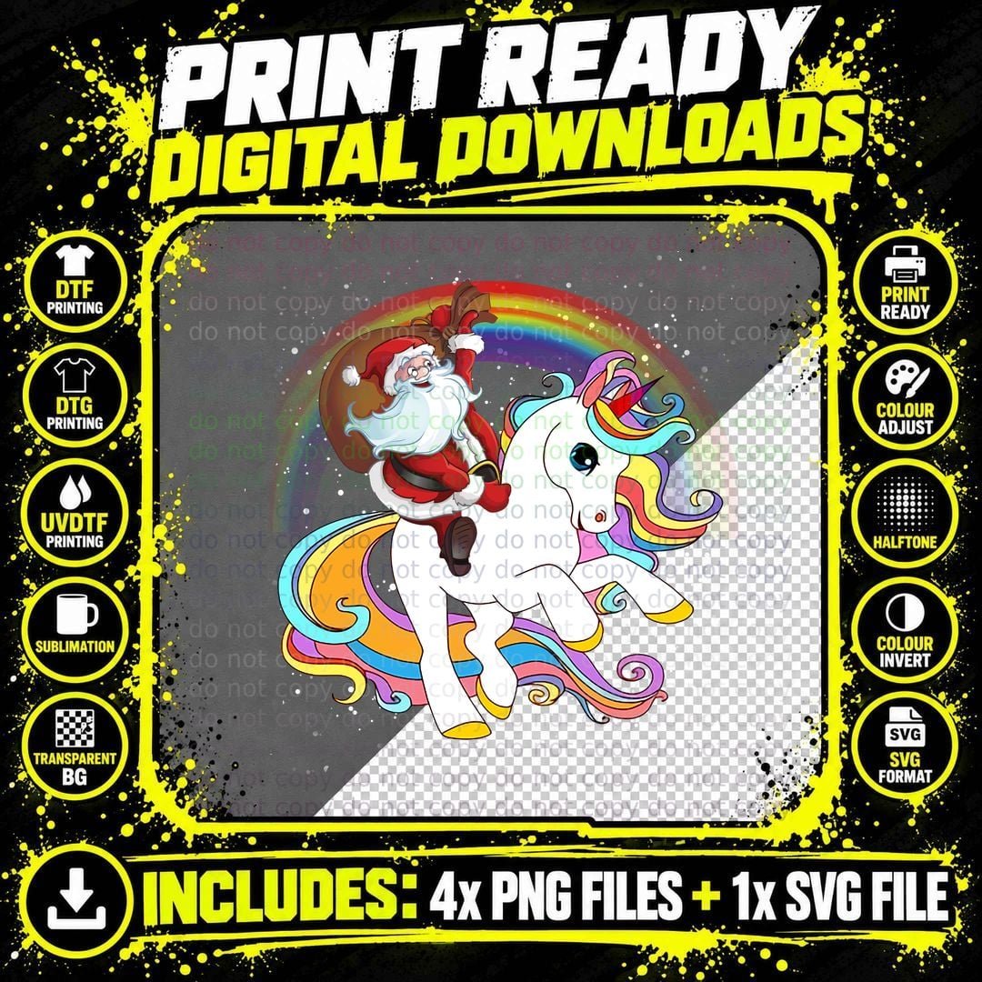Santa Riding Unicorn T-Shirt, Christmas Fantasy Png SVG Digital Bundle