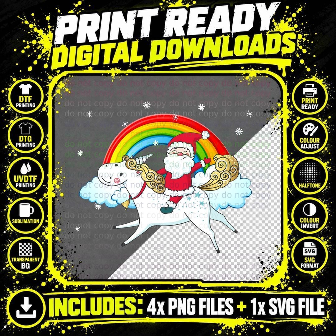 Santa Riding Unicorn T-Shirt, Christmas Fantasy Png SVG Digital Bundle