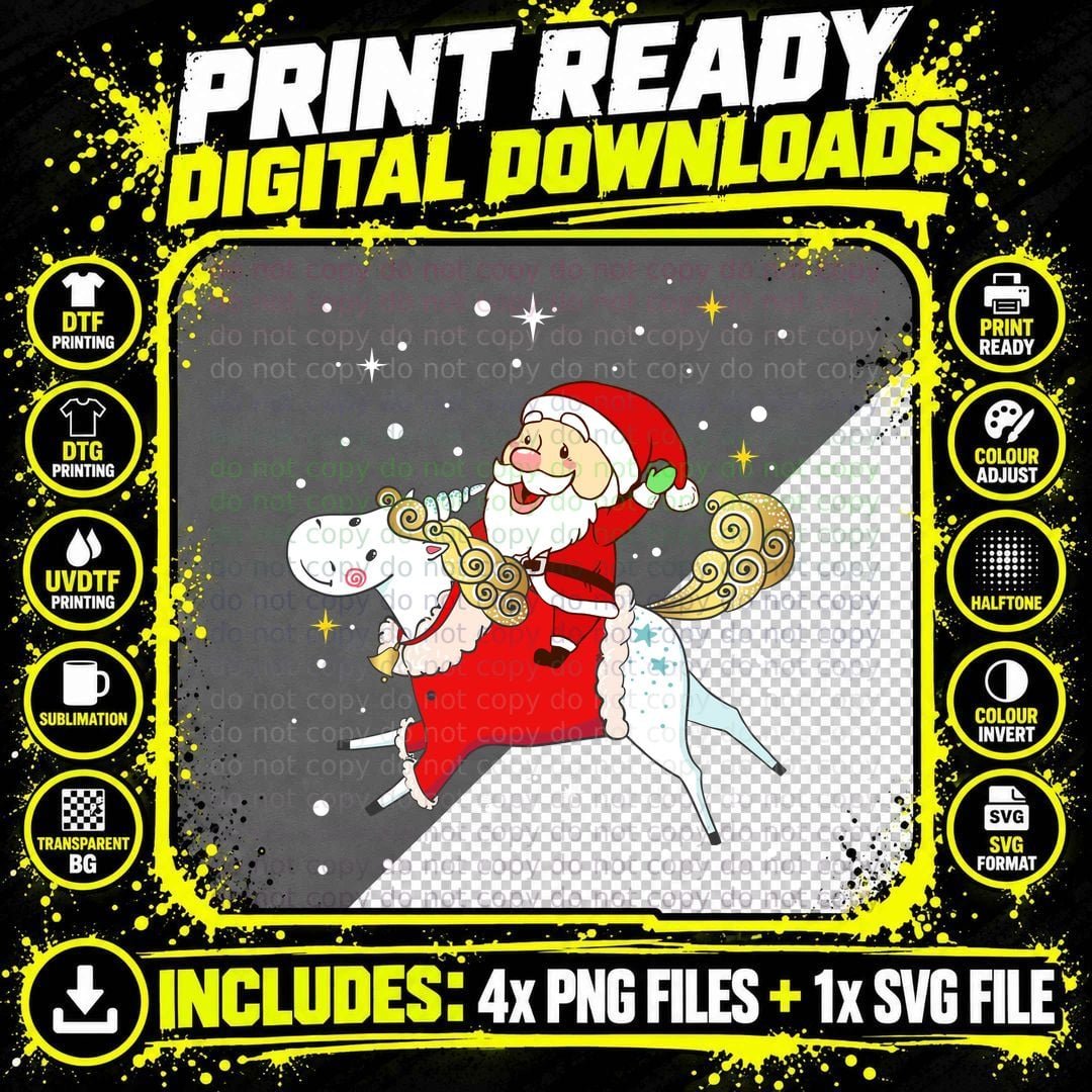 Santa Riding Unicorn T-Shirt, Christmas Holiday Style Png SVG Digital Bundle
