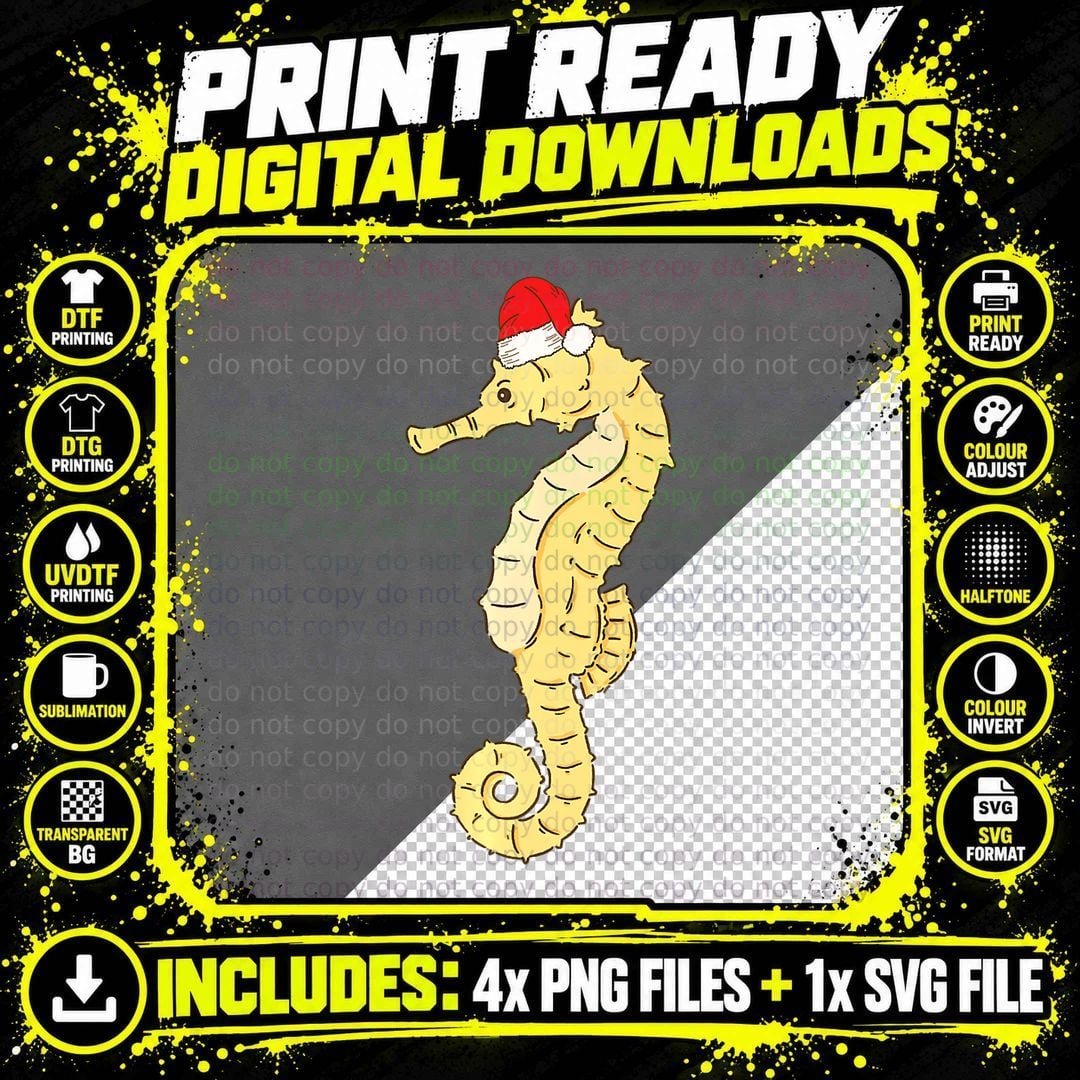 Santa Seahorse Christmas T-Shirt, Festive Holiday Print Png SVG Digital Bundle