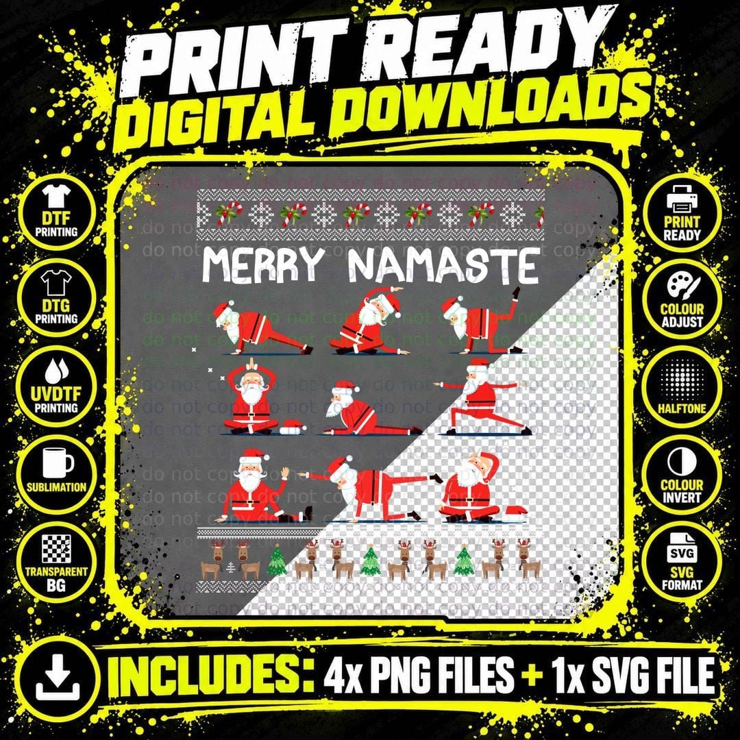 Santa Yoga Pose Merry Namaste Downward Dog T-Shirt Png SVG Digital Bundle