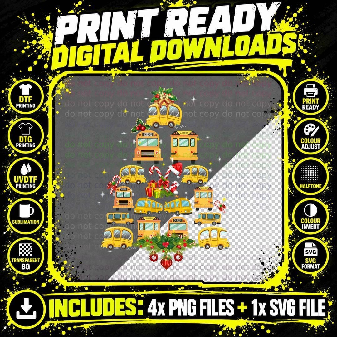 School Bus Christmas Tree T-Shirt, Festive Holiday Print Png SVG Digital Bundle
