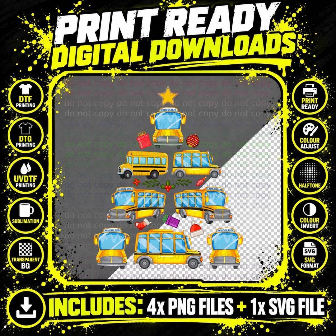 School Bus Christmas Tree T-Shirt, Festive Holiday Print Png SVG Digital Bundle