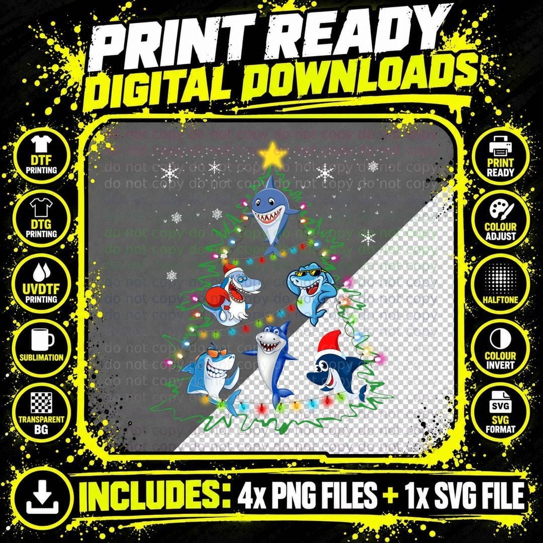 Shark Christmas Tree T-Shirt, Holiday Festive Theme Png SVG Digital Bundle
