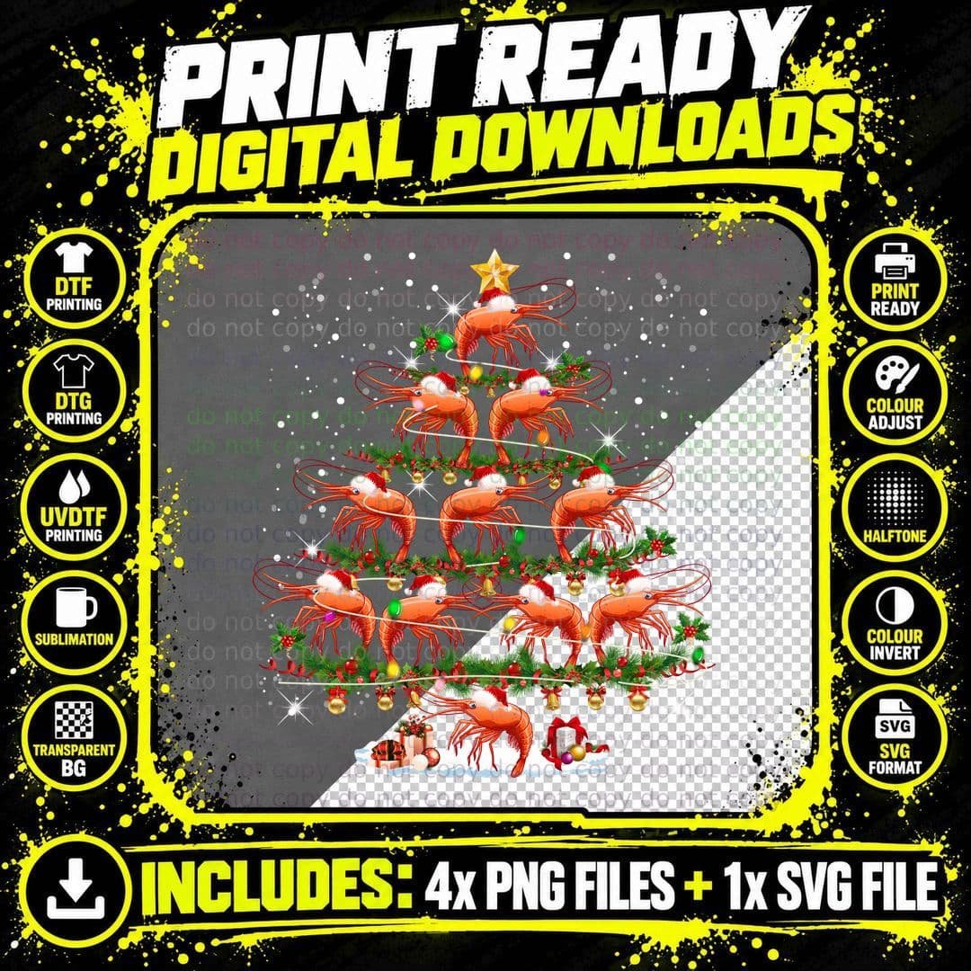 Shrimp Christmas Tree T-Shirt, Festive Holiday Print Png SVG Digital Bundle