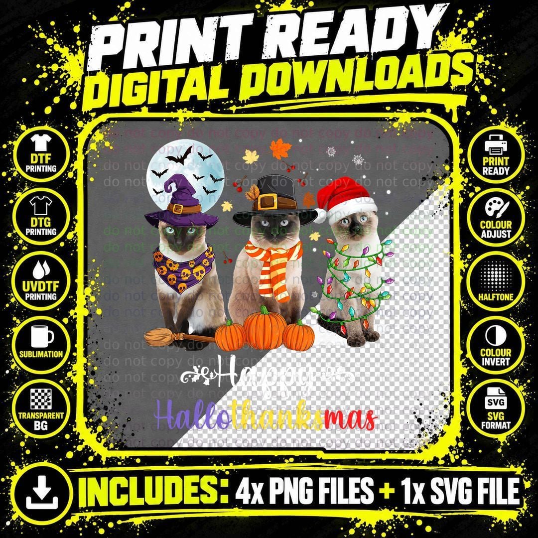 Siamese Cat Halloween Merry Christmas T-Shirt Png SVG Digital Bundle