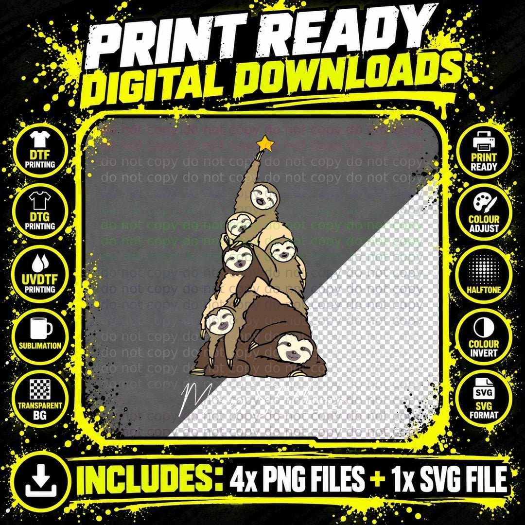 Sloth Christmas Tree T-Shirt, Festive Animal Print Png SVG Digital Bundle