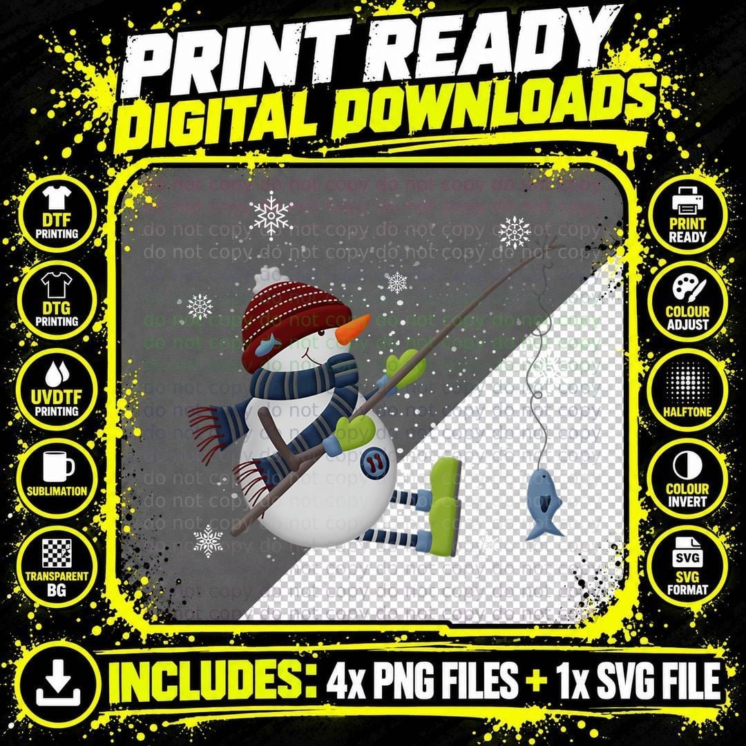 Snowman Fishing T-Shirt, Winter Holiday Fun Png SVG Digital Bundle