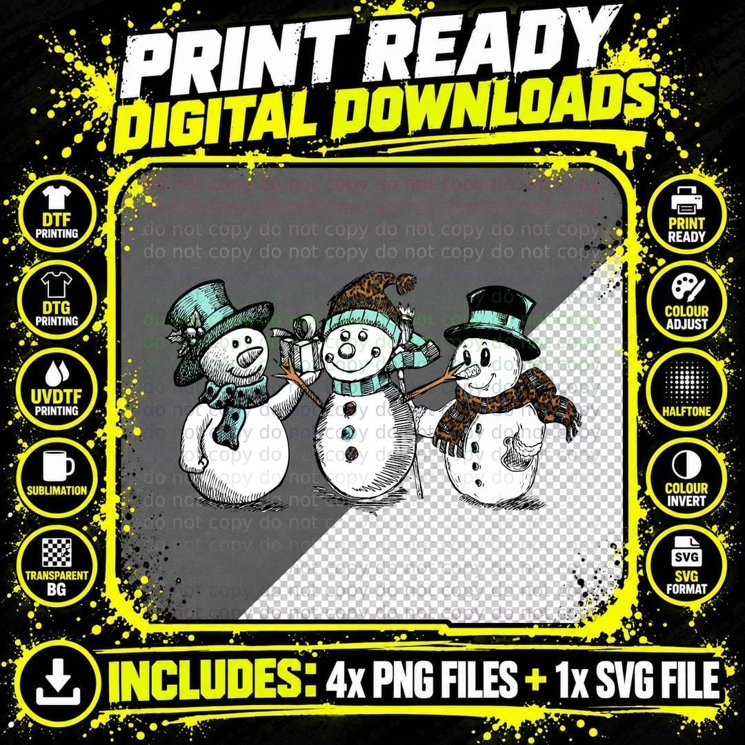 Snowman Trio T-Shirt, Winter Holiday Theme Png SVG Digital Bundle