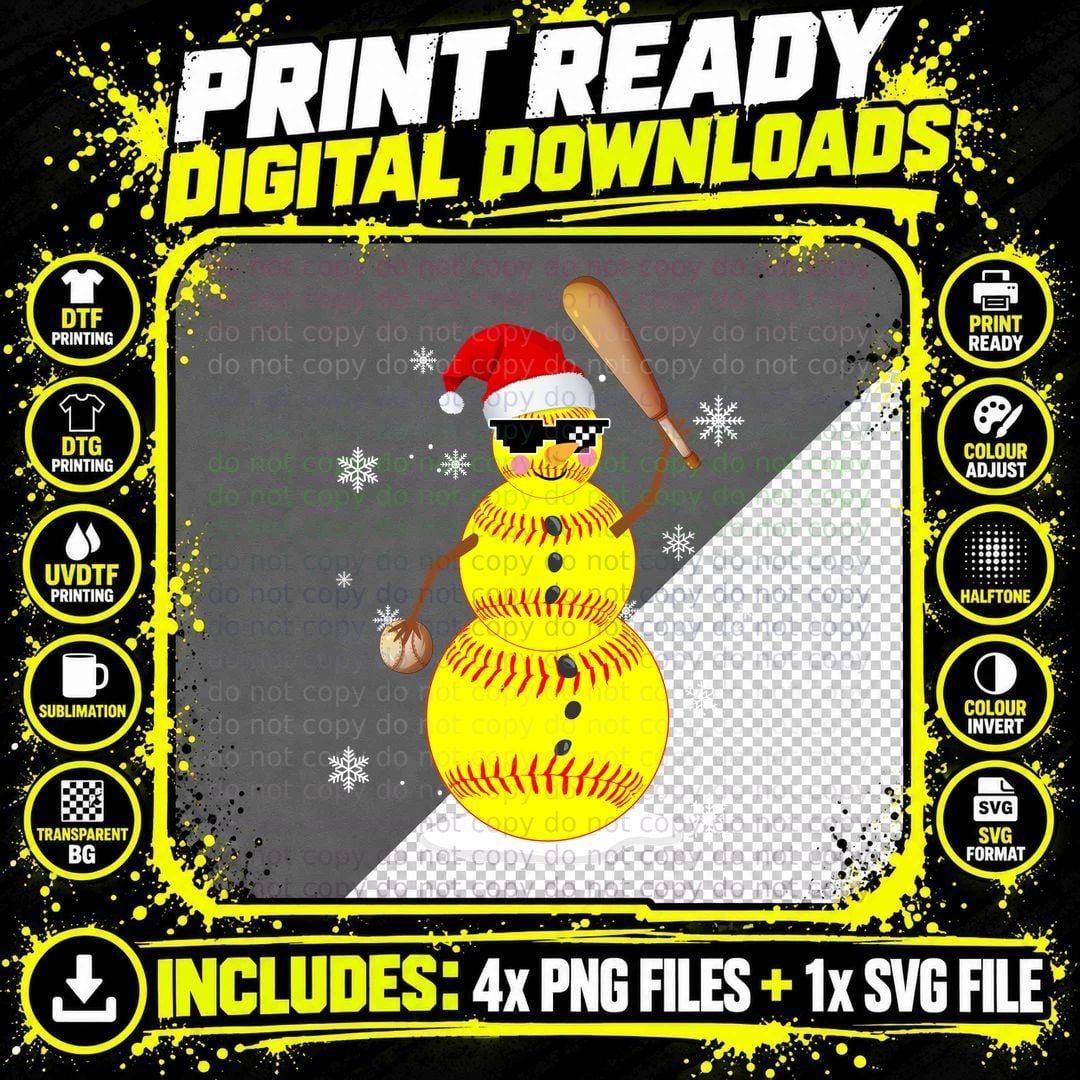 Softball Snowman T-Shirt, Christmas Sports Theme Png SVG Digital Bundle