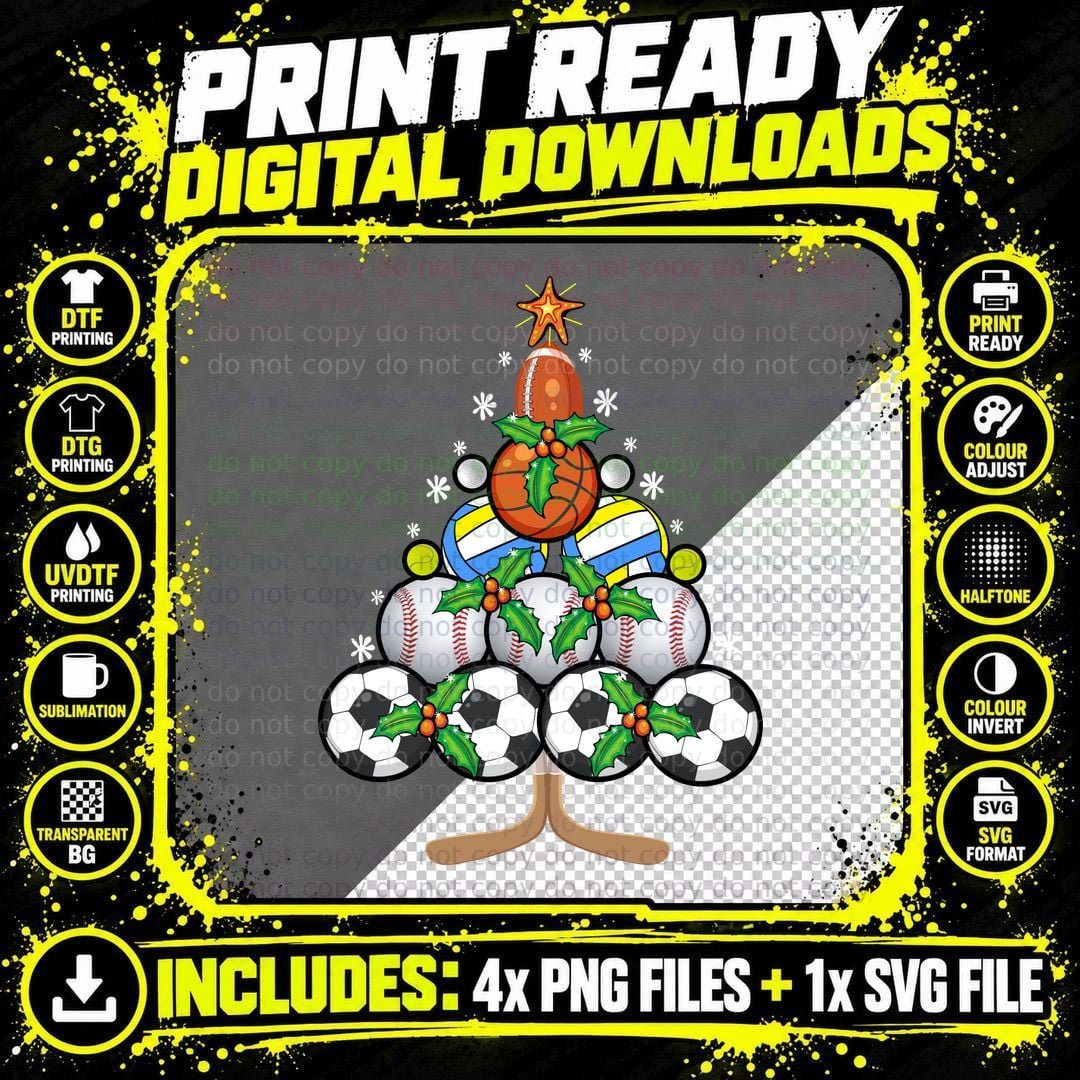 Sports Christmas Tree T-Shirt, Festive Sports Theme Png SVG Digital Bundle