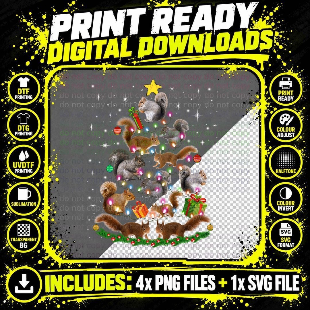 Squirrel Christmas Tree T-Shirt, Festive Animal Print Png SVG Digital Bundle